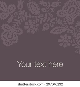 Black lace vector design. Seamless pattern. Old lace background, ornamental flowers like the embroidery in Russian style. Floral background. Backdrop for wedding invitation and retro cards