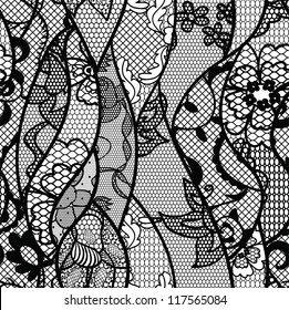 Black Lace Vector Fabric Seamless Pattern With Lines And Waves