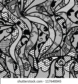 Black lace vector fabric seamless pattern with lines and waves