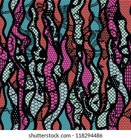 Black lace vector fabric seamless pattern with lines and waves