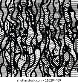 Black lace vector fabric seamless pattern with lines and waves
