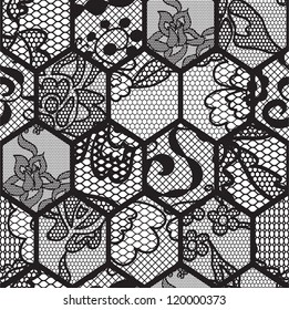 Black lace vector fabric seamless pattern with lines and waves