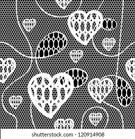 Black lace vector fabric seamless  pattern with hearts