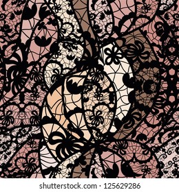 Black lace vector fabric seamless pattern with lines and flowers