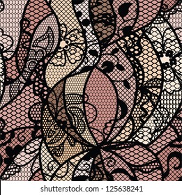 Black Lace Vector Fabric Seamless Pattern With Lines And Flowers