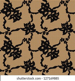 Black lace vector fabric seamless pattern with lines and flowers