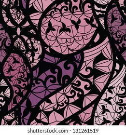 Black lace vector fabric seamless pattern with lines and flowers