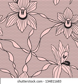 Black lace vector fabric seamless  pattern with orchids