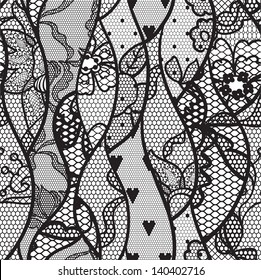 Black lace vector fabric seamless pattern with lines and waves