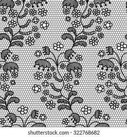 Black lace vector fabric seamless pattern with lines and flowers