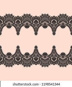 Black Lace Vector Seamless Pattern. Horizontal Ribbon.