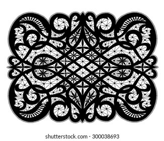 Black lacy doily with flowery pattern on a white background