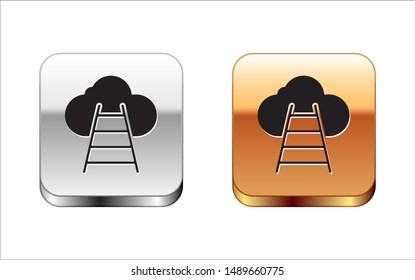 Black Ladder leading to cloud icon isolated on white background. Stairs leading to the cloud. Silver-gold square button. Vector Illustration
