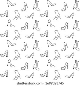Black ladies high heels shoes and half-boots on a white background. Vector seamless pattern for shoe store, shoe factory, printing on packaging, wrapping paper, sales packages, fabric, textile