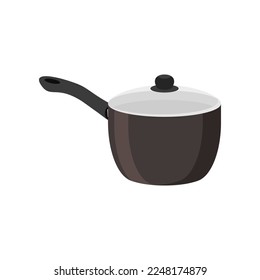 Black ladle cartoon illustration. Metal cooking pot with lid, stainless utensil for making soup or boiling water. Household, kitchen concept