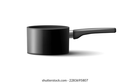 Schwarze Leiter, ein Saucepan mit einem langen Plastikgriff. Ein leerer Kochtopf. Utensils für die Küche.