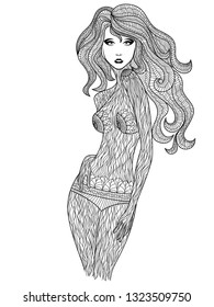 Black lady body contour decorated with various patterns, vector on the white background 