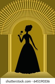 Black lady with flower silhouette in golden gate, luxurious template for ball invitation, announcement in vintage style