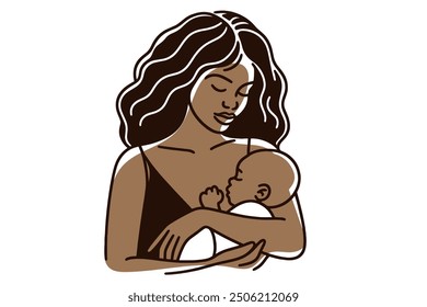 Black lady. Mom tenderly holds a newborn baby in her arms. Parental love, motherhood, and care. Simple outline vector illustration, line art. Breast-feeding