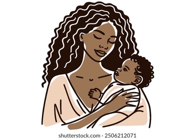 Black lady. Mom tenderly holds a newborn baby in her arms. Parental love, motherhood, and care. Simple outline vector illustration, line art. Breast-feeding