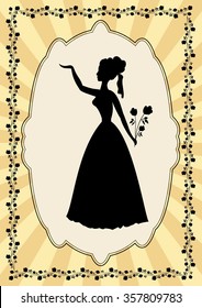 Black lady silhouette in vintage frame with flower motif in art deco style. Elegant old fashioned poster, useful as an invitation to prom, celebration, party, greeting