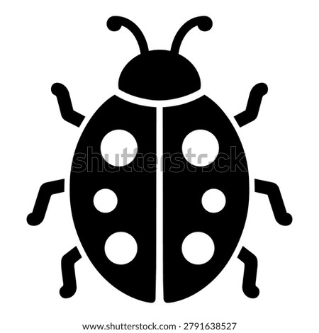 Black ladybug silhouette icon with antennae, legs, round body, wing divider, and spotted details, isolated on white background. Simple insect vector illustration for garden logo, sticker, print, nature design, spring concept, and decorative graphic.