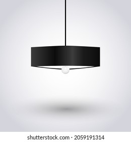 Black lamp icon on grey gradient background. Black vector icon of modern chandelier with bulb.