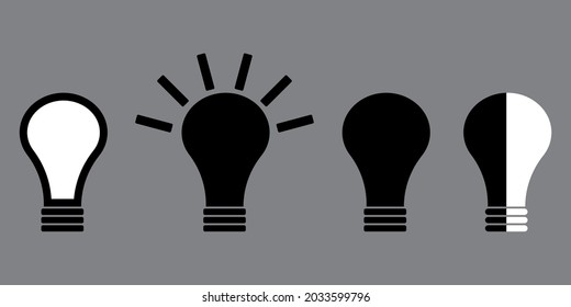 Black lamp idea icon set on grey backdrop. Bulb creative think. Hand drawn sketch. Vector illustration. Stock image.