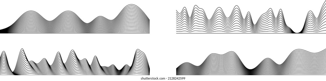 Black landscape mesh collection isolated on white background. Trendy line art grid Mountains and hills