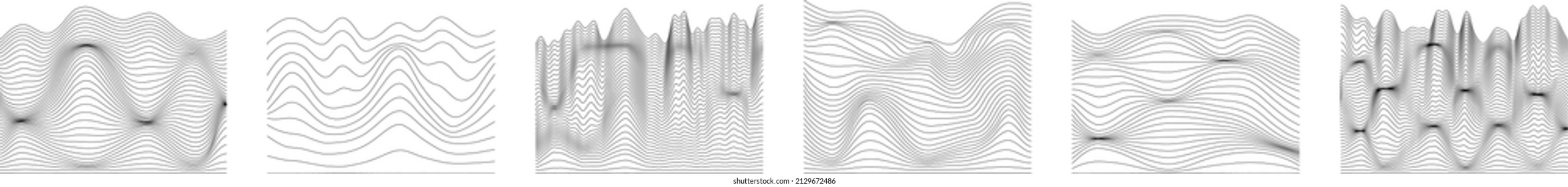 Black landscape mesh collection isolated on white background. Trendy line art grid set. Diy design elements. Contemporary art. Mountains and hills shape illustrations.