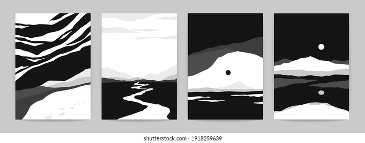 Black landscape posters. Set of monochrome nature sceneries, black and white mountains with sun and sea. Vector art