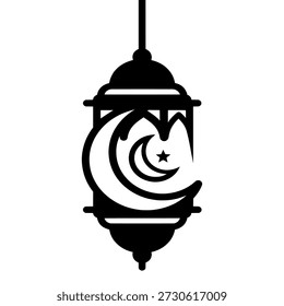 Schwarze Laterne mit Halbmond und Stern, die von einer Schnur auf weißem Hintergrund hängt und die Ramadan- oder Id-Feierlichkeiten symbolisiert.