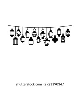 Black lanterns hanging on a string in various shapes and sizes