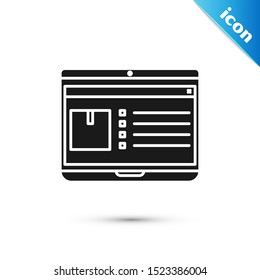 Black Laptop with app delivery tracking icon isolated on white background. Parcel tracking.  Vector Illustration