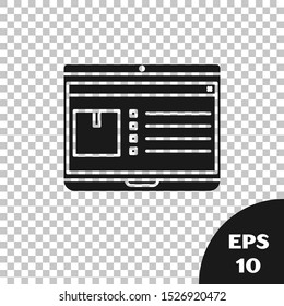 Black Laptop with app delivery tracking icon isolated on transparent background. Parcel tracking.  Vector Illustration