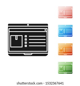 Black Laptop with app delivery tracking icon isolated on white background. Parcel tracking. Set icons colorful. Vector Illustration