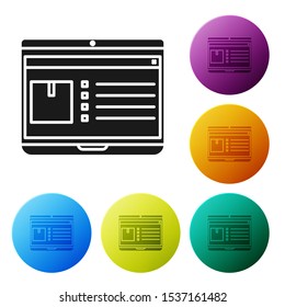 Black Laptop with app delivery tracking icon isolated on white background. Parcel tracking. Set icons colorful circle buttons. Vector Illustration