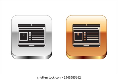 Black Laptop with app delivery tracking icon isolated on white background. Parcel tracking. Silver-gold square button. Vector Illustration