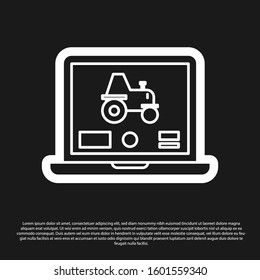 Black Laptop application for control a autonomous tractor on a smart farm icon isolated on black background. Smart agriculture implement.  Vector Illustration