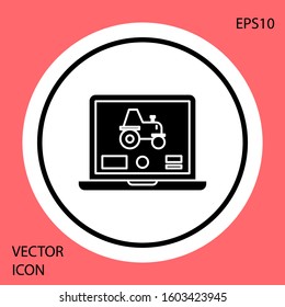 Black Laptop application for control a autonomous tractor on a smart farm icon isolated on red background. Smart agriculture implement. White circle button. Vector Illustration