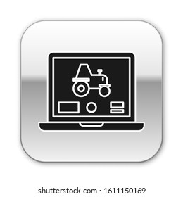 Black Laptop application for control a autonomous tractor on a smart farm icon isolated on white background. Smart agriculture implement. Silver square button. Vector Illustration