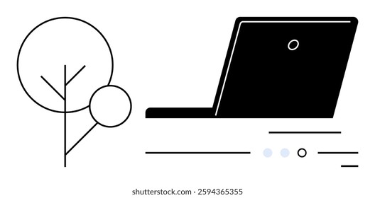 Black laptop beside abstract tree with lines and circles. Ideal for eco-friendly technology, sustainable computing, remote work, green tech, digital innovation, nature-tech harmony, technical