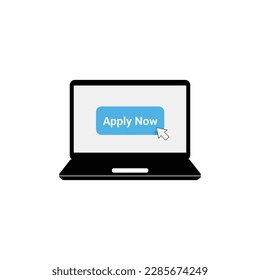 black laptop with blue apply now button. concept of applied to join the community or site and mobile login or follower. flat cartoon style modern logo graphic art design isolated on white