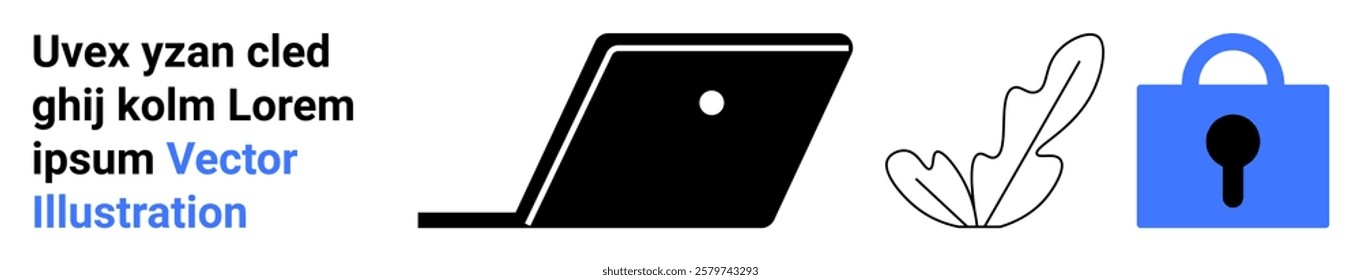 Black laptop and blue lock next to abstract leaf highlight tech and security. Ideal for cybersecurity, digital protection, online privacy, modern tech, web design. Banner for landing page