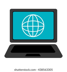 black laptop with blue screen and white world map over isolated background,vector illustration 
