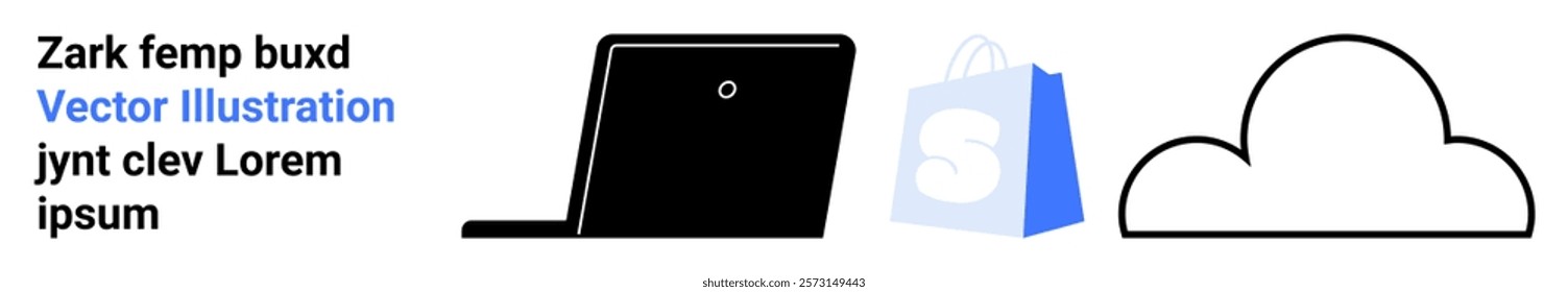 A black laptop, a blue shopping bag, and a black outlined cloud. Ideal for e-commerce, online shopping, digital marketing, cloud computing, and technology solutions. Landing page