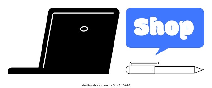 Black laptop, blue speech bubble with Shop text in white, and pen. Ideal for online shopping, e-commerce, digital marketing, retail business, remote work. Minimalist, modern, clean