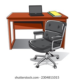 Black laptop and books on wooden chair and black leather chair