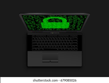 Black laptop and closed transparent lock on green cyber digital code background. Computer internet data security technology. Antivirus safety
