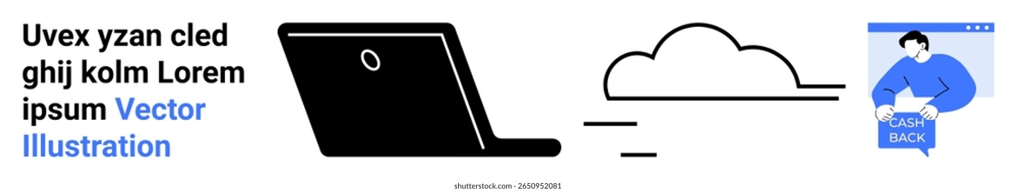Black laptop, cloud graphic, user interface with person holding book. Ideal for tech tutorials, online courses, business presentations, web design, app showcases, digital marketing, remote work